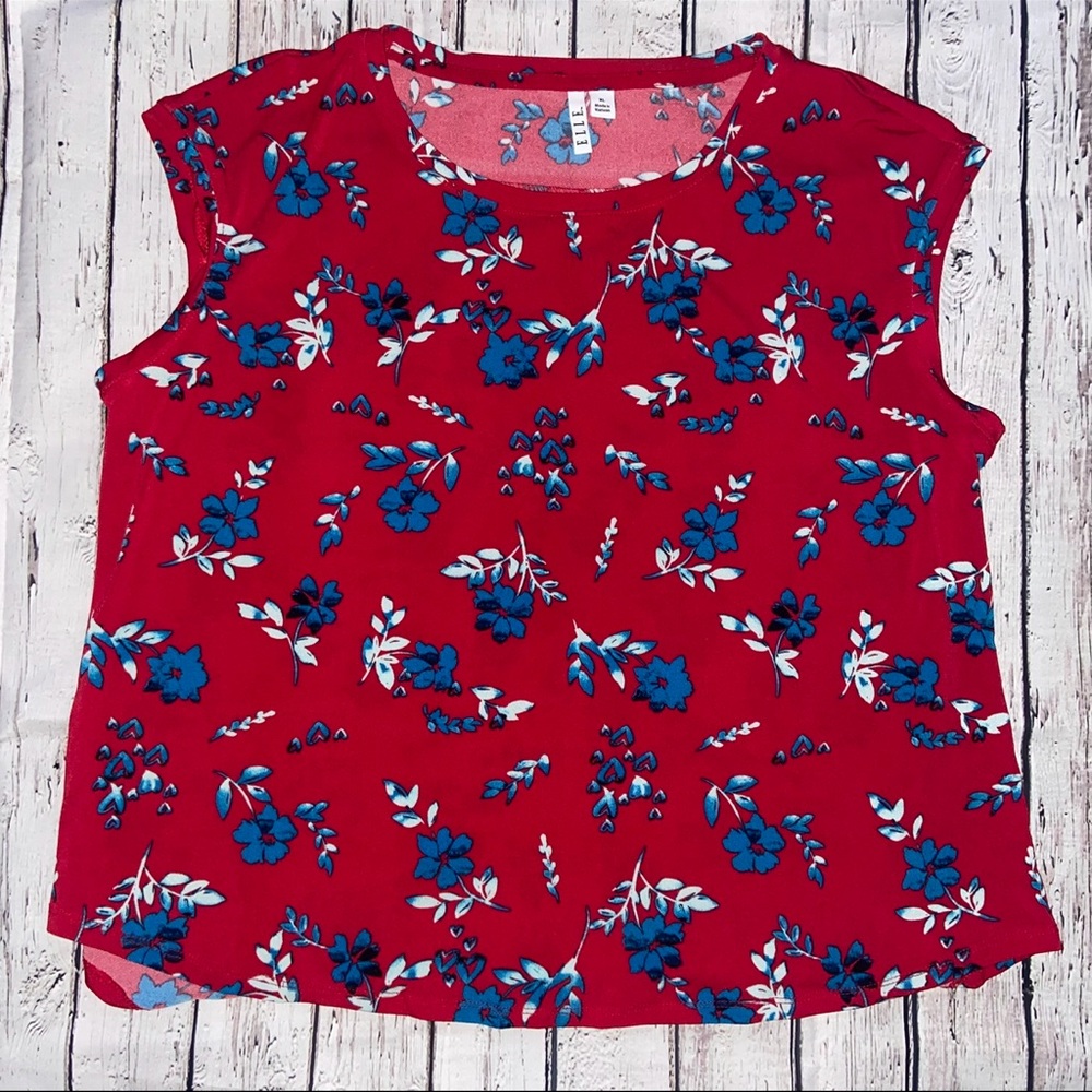 Elle Red Top with Blue Floral Design